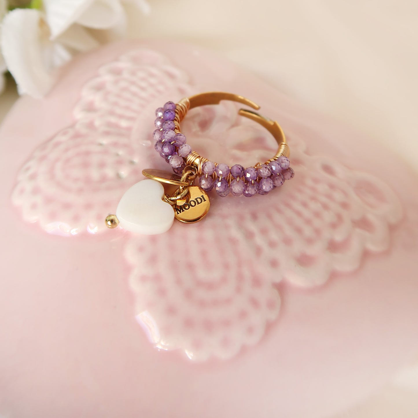 Purple swarovski 3 charms Ring