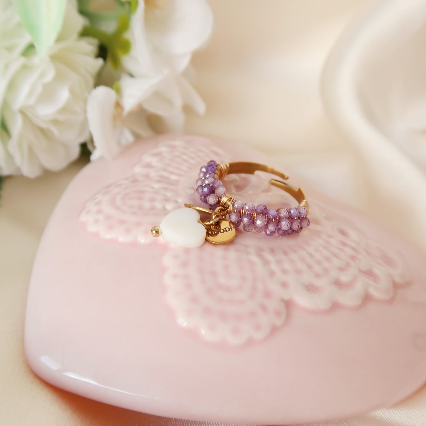 Purple swarovski 3 charms Ring